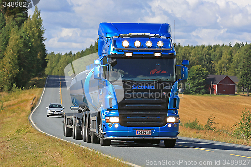 Image of Blue Scania R500 Tank Truck on Rural Road