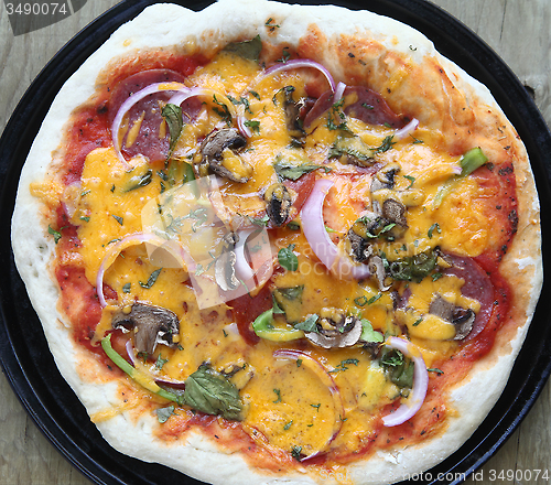 Image of Salami, onion, mushroom pizza