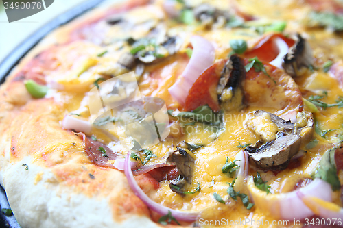 Image of view of pizza with cheese, mushrooms, onions