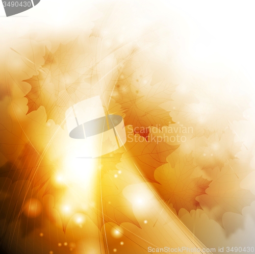 Image of Abstract autumn sparkling illustration with waves and leaves