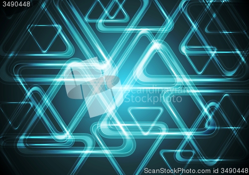 Image of Dark cyan glowing triangles. Tech geometric background
