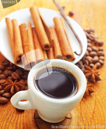 Image of cinnamon and coffee on the white plate