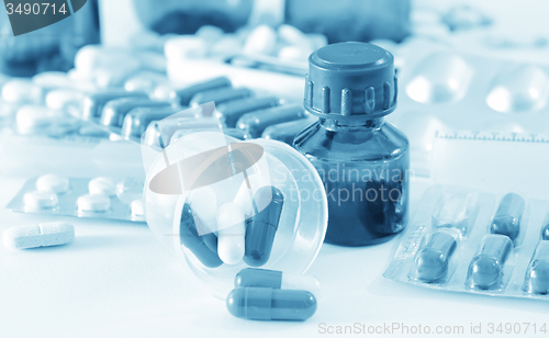 Image of color pills and medical bottle