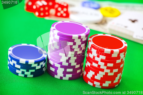 Image of Group from chips for poker on the green background