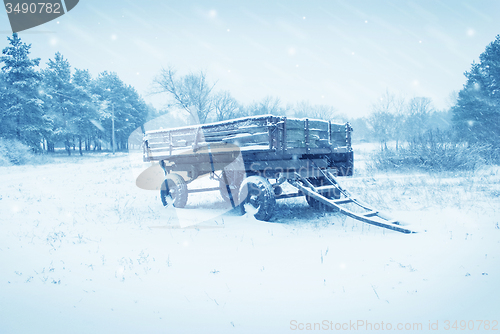 Image of an old farm cart in the snow
