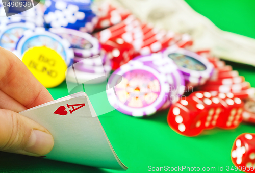 Image of Card for poker in the hand, chips and card for poker