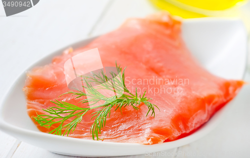 Image of Fresh salmon in the white table