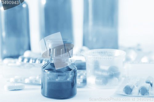 Image of color pills and medical bottle