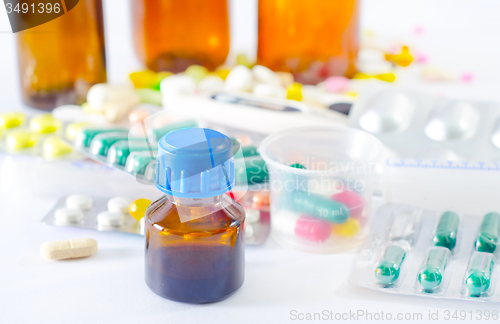 Image of color pills and medical bottle