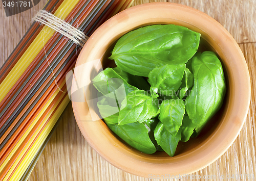 Image of fresh basil and raw pasta