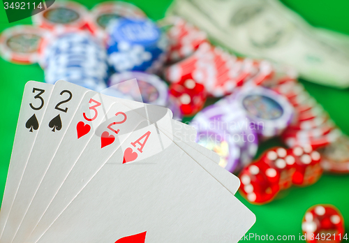 Image of Card for poker in the hand, chips and card for poker