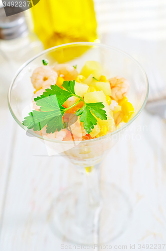 Image of fresh salad with sweet corn and shrimps