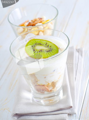 Image of fresh yogurt and muesli in a glass