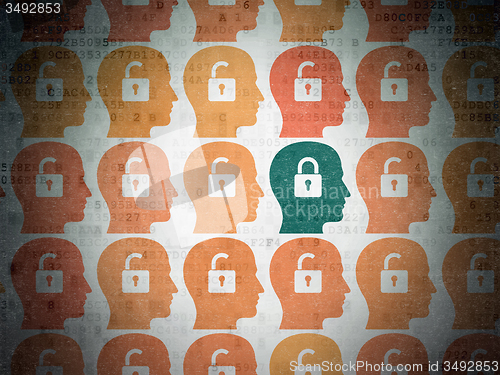 Image of Finance concept: head with padlock icon on Digital Paper background