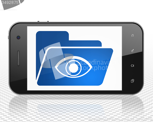 Image of Finance concept: Smartphone with Folder With Eye on display