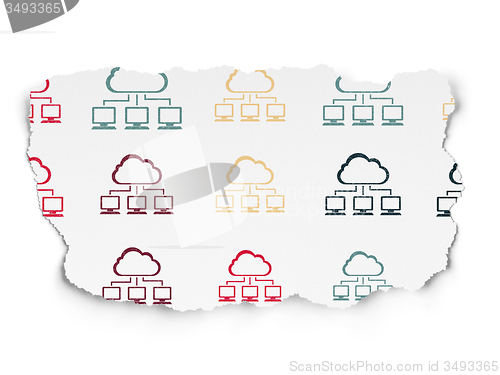 Image of Cloud technology concept: Cloud Network icons on Torn Paper background