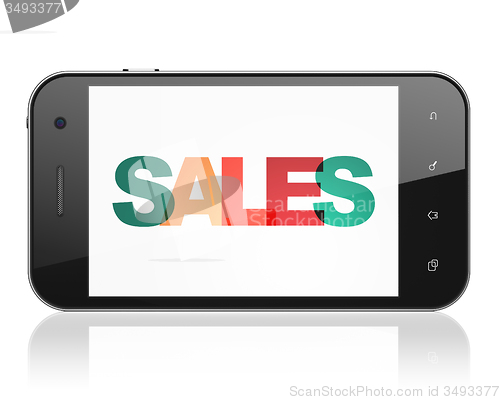 Image of Marketing concept: Smartphone with Sales on  display