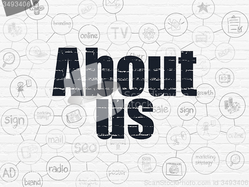Image of Advertising concept: About Us on wall background