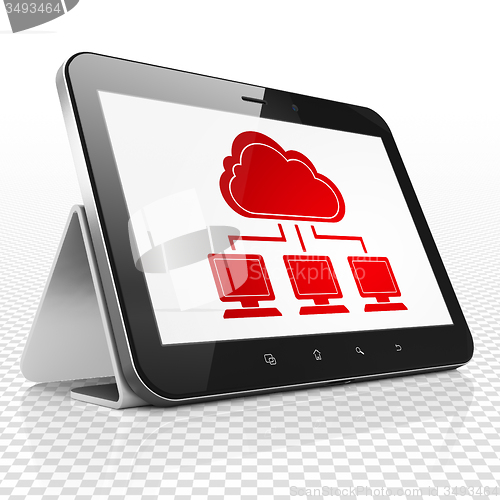 Image of Cloud technology concept: Tablet Computer with Cloud Network on display