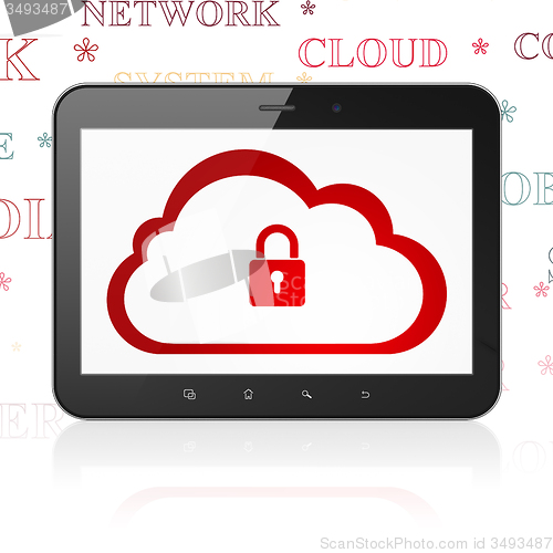 Image of Cloud computing concept: Tablet Computer with Cloud With Padlock on display