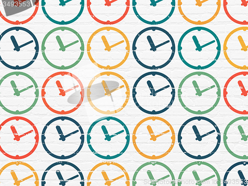 Image of Time concept: Clock icons on wall background