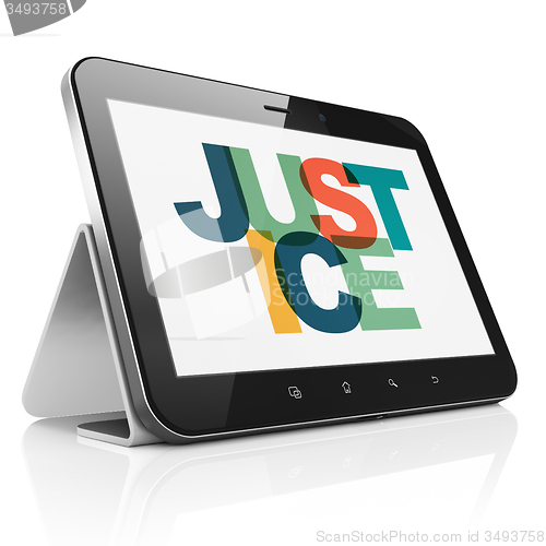 Image of Law concept: Tablet Computer with Justice on  display