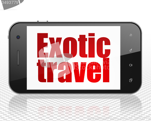 Image of Travel concept: Smartphone with Exotic Travel on display