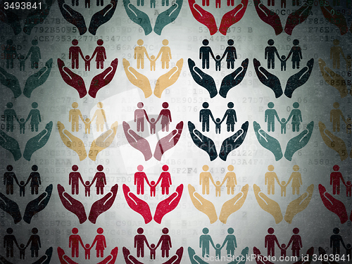 Image of Insurance concept: Family And Palm icons on Digital Paper background