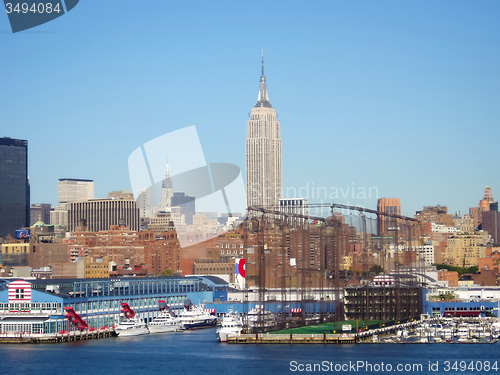 Image of Empire State Building and Hudson river dock