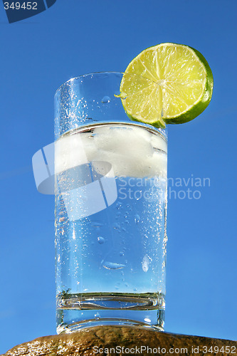 Image of Cold glass of water against a blue sky