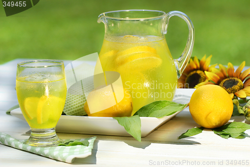 Image of Pitcher of cool lemonade with glass on table