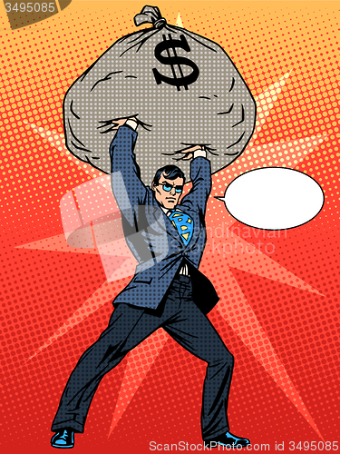 Image of Super businessman hero with a bag of money financial success