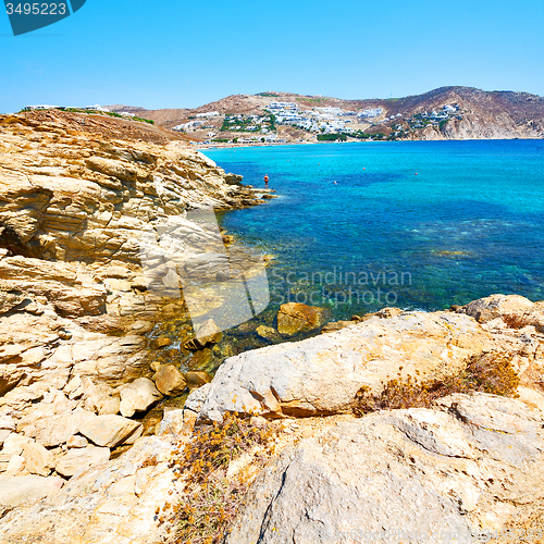 Image of in greece the mykonos island rock sea and beach blue   sky