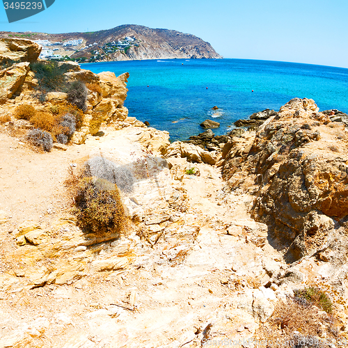 Image of in greece the mykonos island rock sea and beach blue   sky