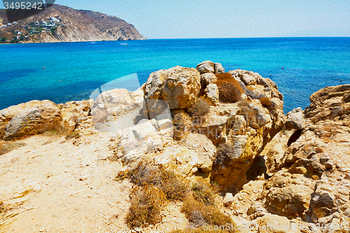 Image of in greece the mykonos island rock sea and beach blue   sky