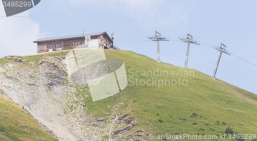 Image of End station of a ski lift, high in the mountains