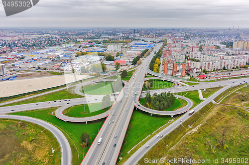 Image of Aerial view of highway interchange of modern urban city