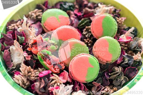 Image of Macarons in a bowl with flower petals.