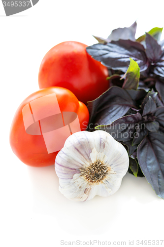 Image of Purple basil, tomatoes and garlic closeup.