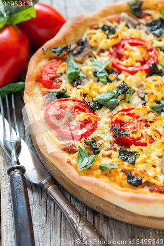 Image of Pizza with tomatoes and cheese.
