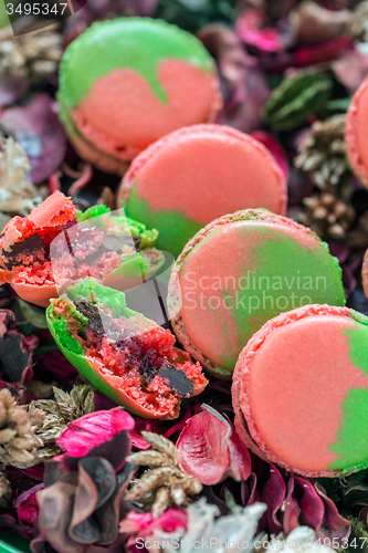 Image of Macarons and flower petals.