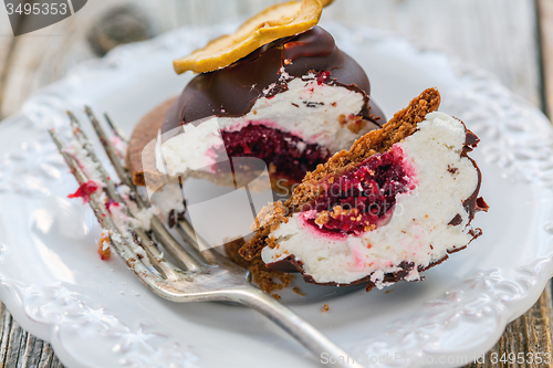 Image of Plate with a souffle cake and fork.