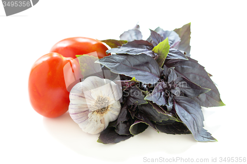 Image of Purple basil, tomatoes and garlic .