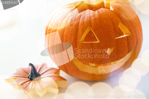 Image of close up of pumpkins on table