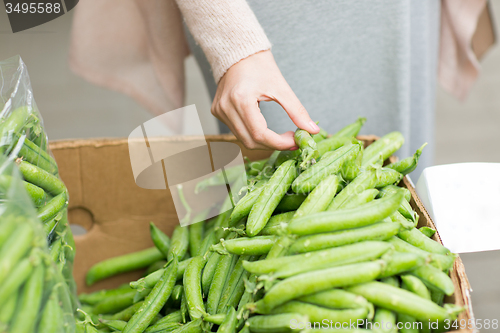 Image of woman hand choosing green peas at street market