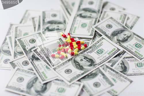 Image of medical pills or drugs and dollar cash money