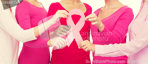 Image of close up of women with cancer awareness ribbons