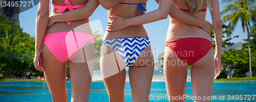 Image of close up of happy young women on beach