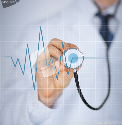 Image of doctor hand with stethoscope listening heart beat