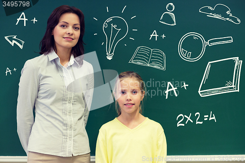 Image of little school girl with teacher at blackboard